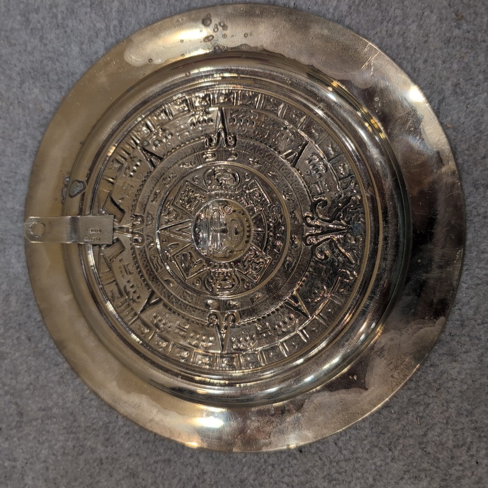 Alpaca Mexico Aztec Sun Calendar Plate Abalone Shell Inlay Silver Tone Decor - Picture 4 of 5